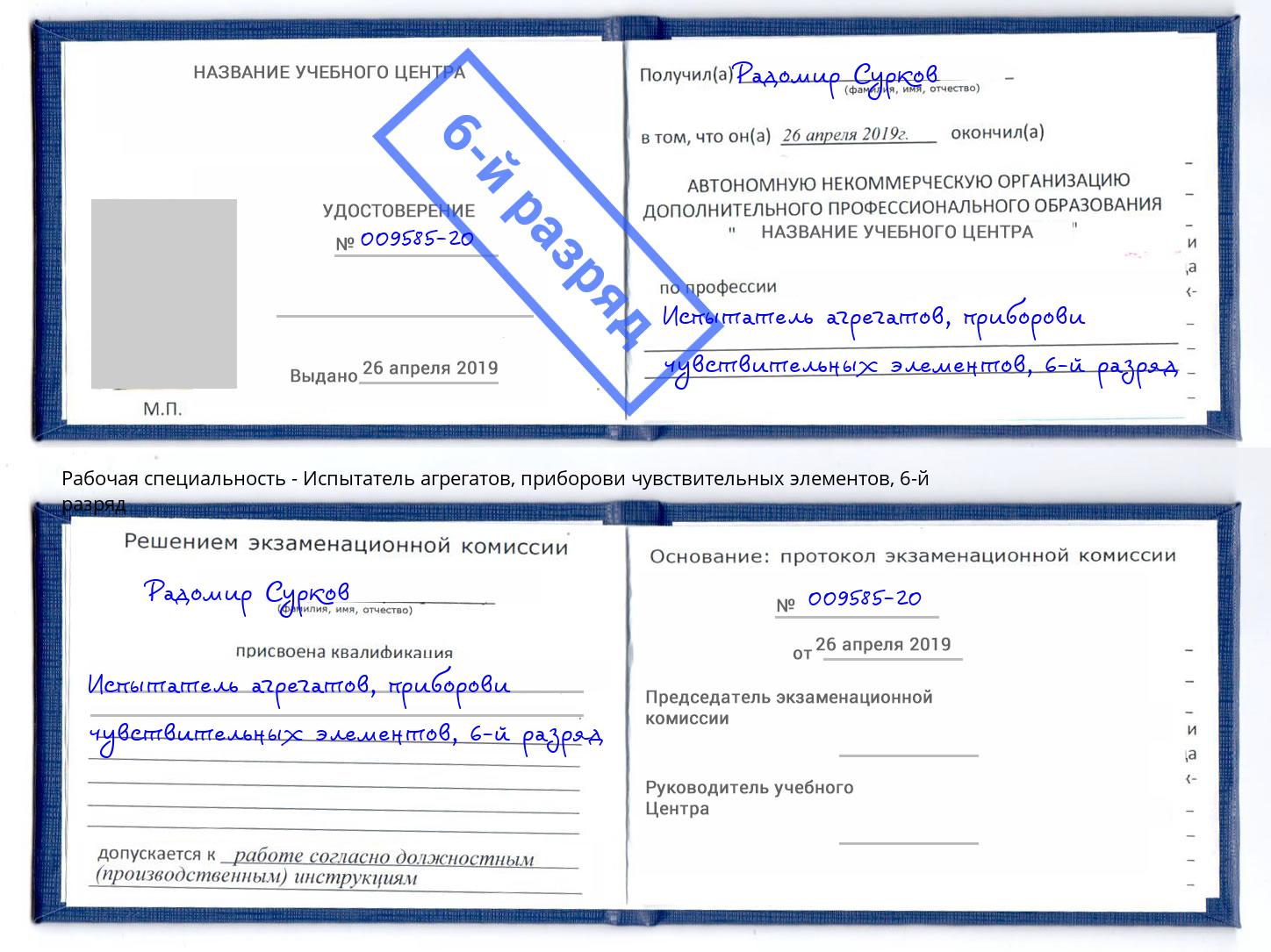 корочка 6-й разряд Испытатель агрегатов, приборови чувствительных элементов Глазов