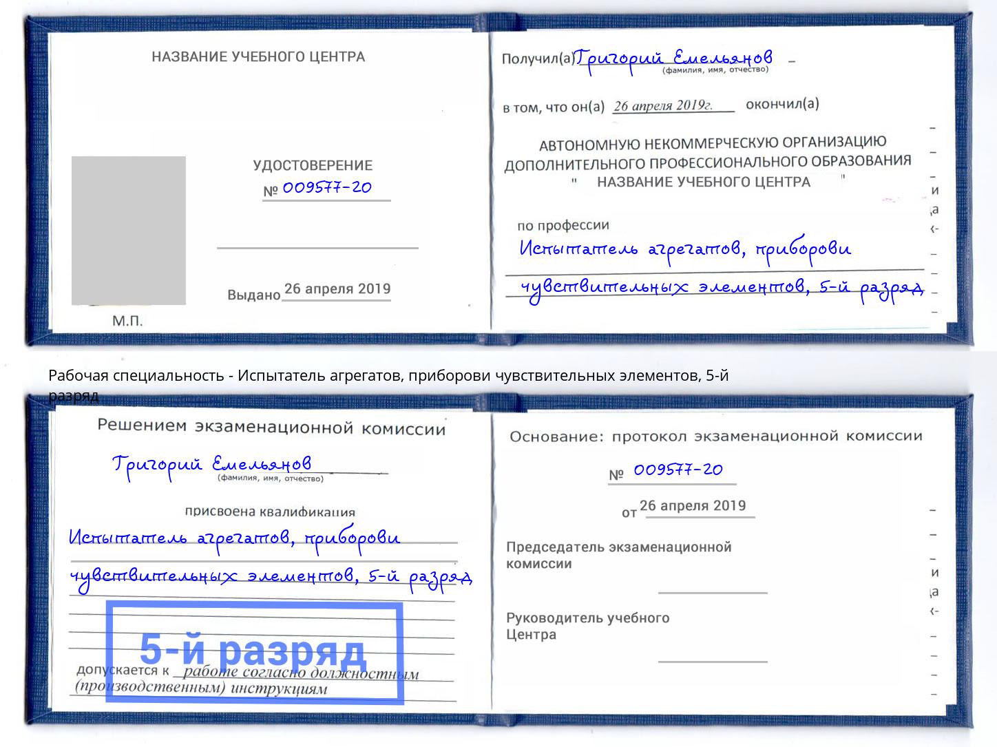 корочка 5-й разряд Испытатель агрегатов, приборови чувствительных элементов Глазов
