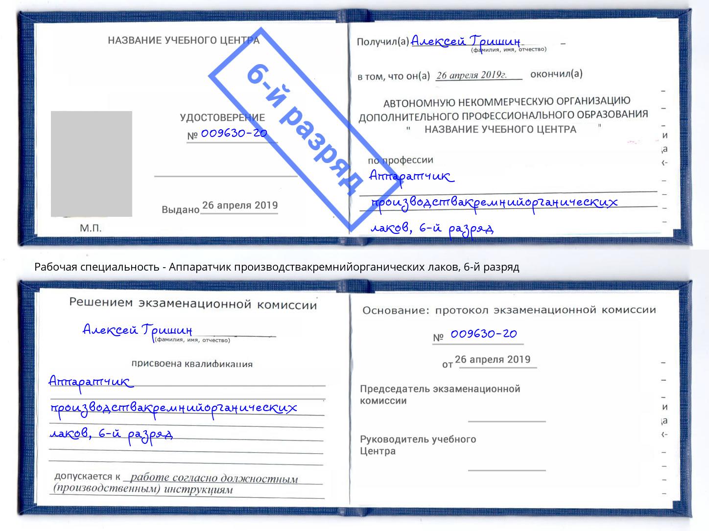 корочка 6-й разряд Аппаратчик производствакремнийорганических лаков Глазов