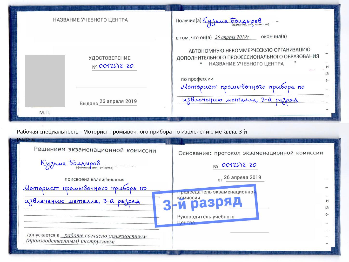 корочка 3-й разряд Моторист промывочного прибора по извлечению металла Глазов