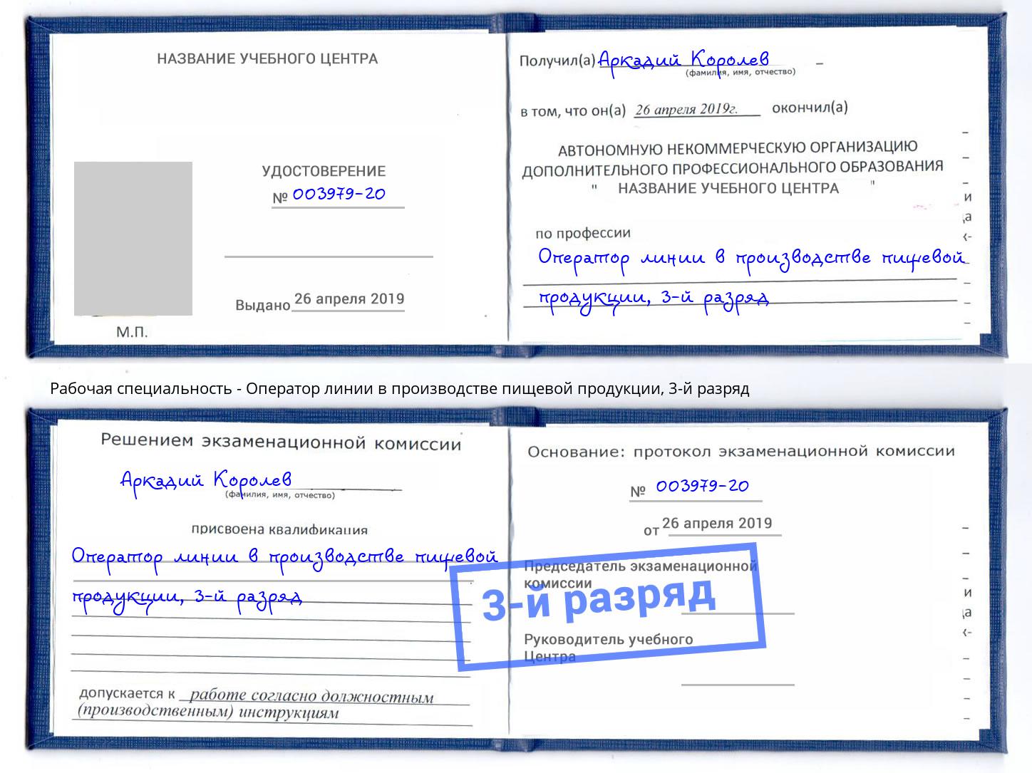 корочка 3-й разряд Оператор линии в производстве пищевой продукции Глазов