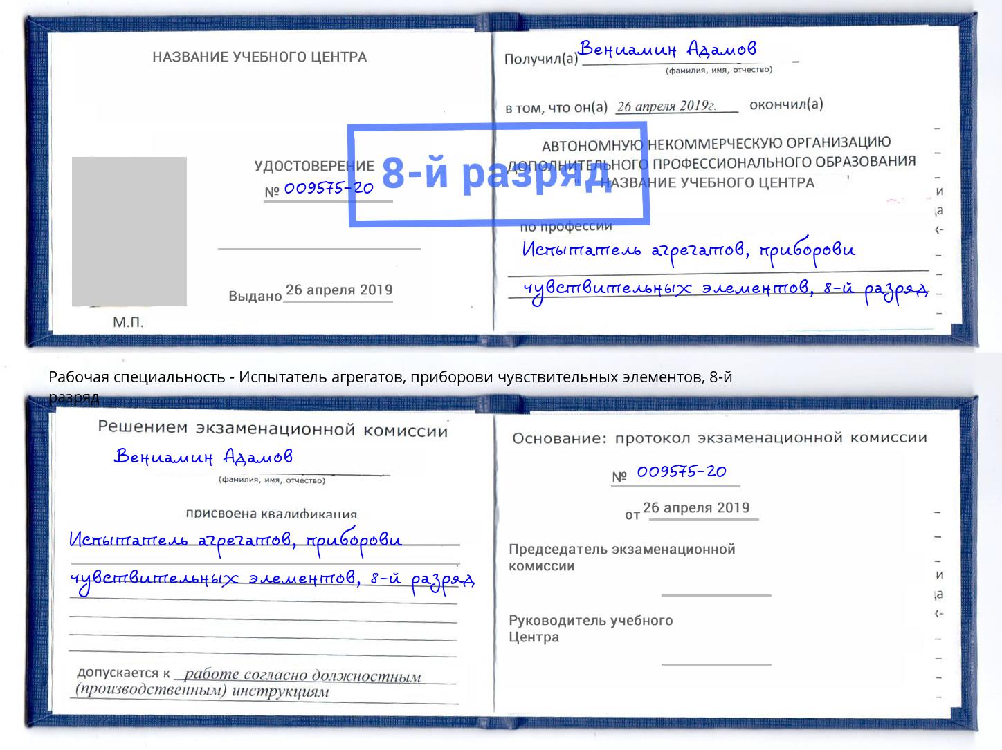 корочка 8-й разряд Испытатель агрегатов, приборови чувствительных элементов Глазов